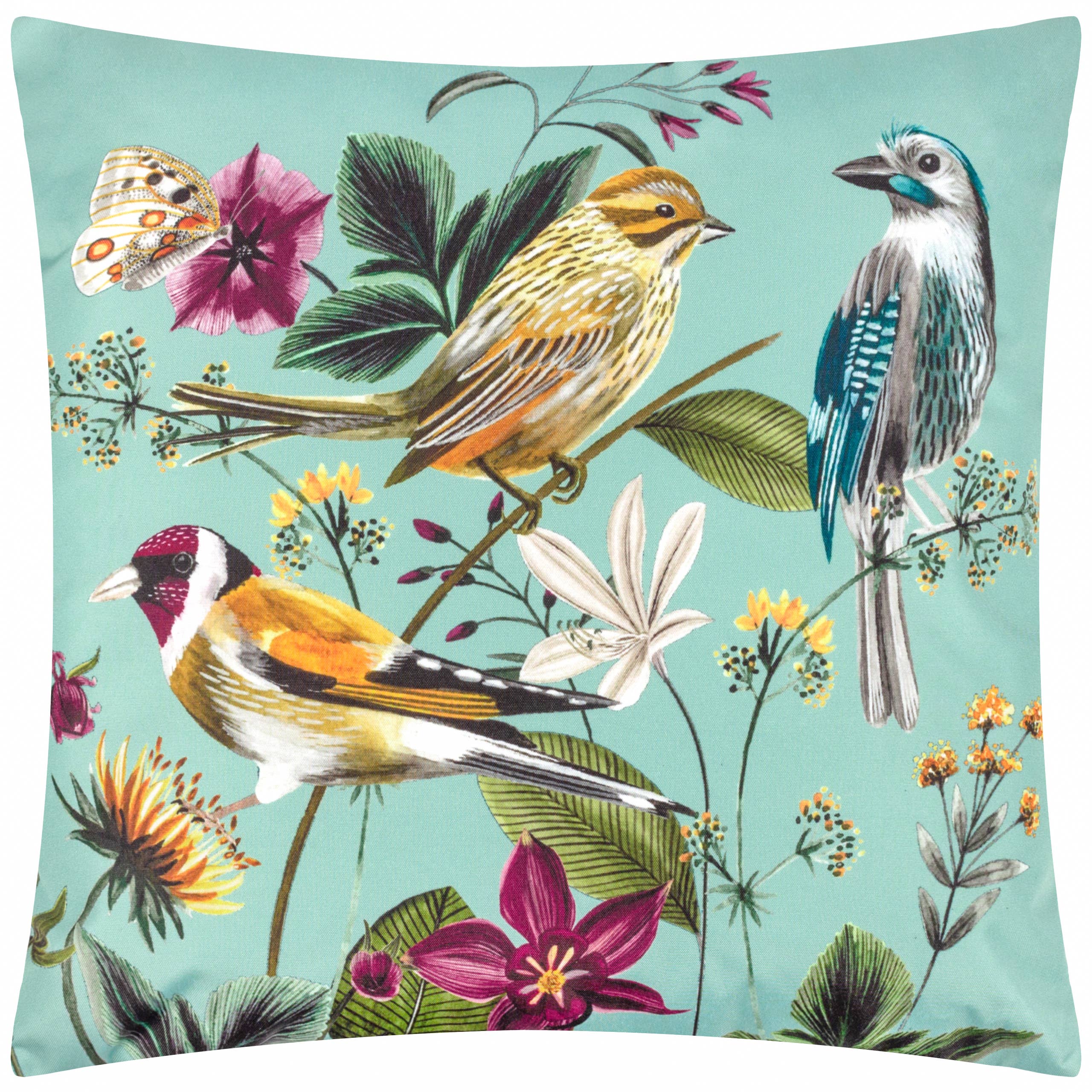 Midnight Garden Birds Outdoor Cushion Aqua (43 x 43 cm)