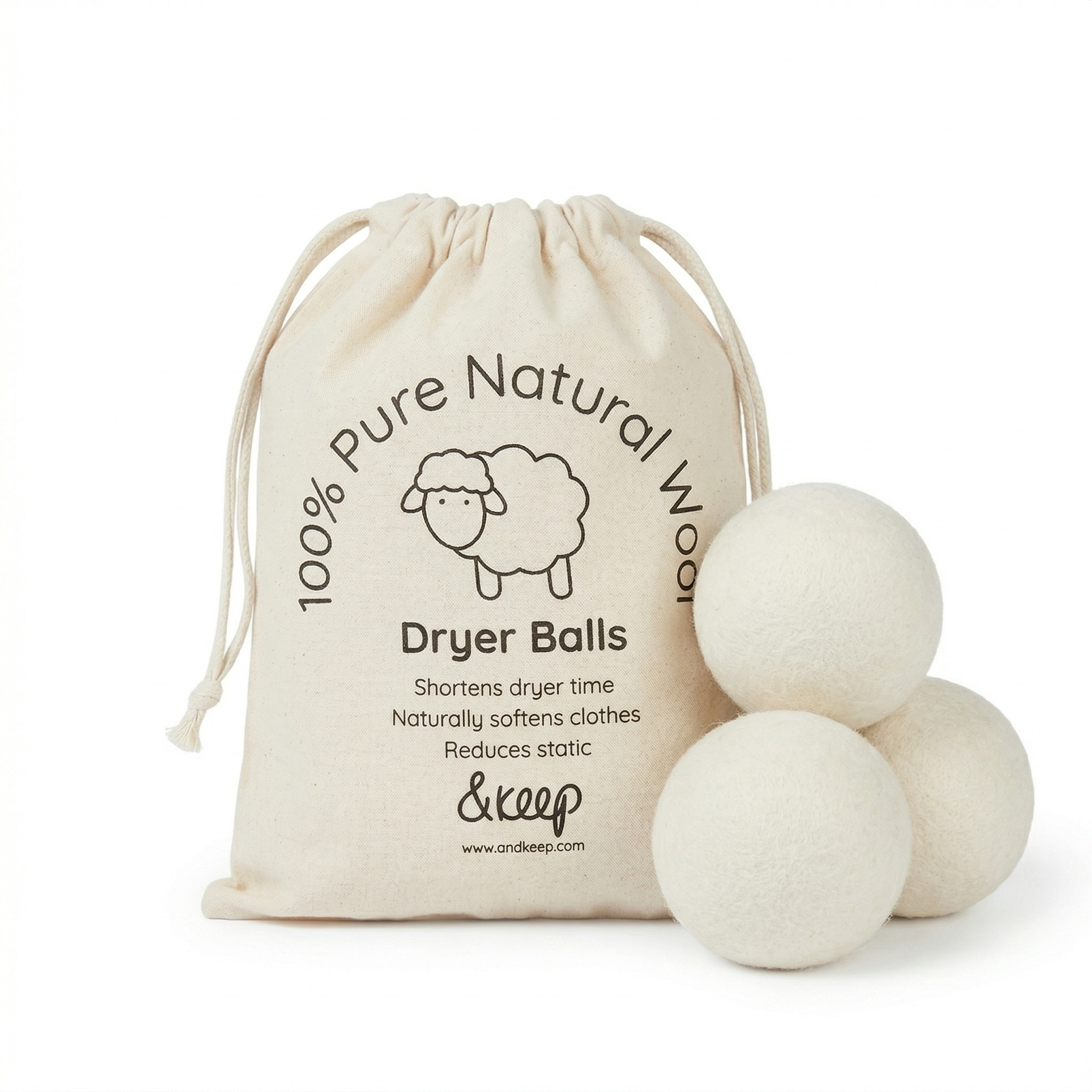 &Keep Wool Dryer Balls (Cream - Set of 3 & Bag)