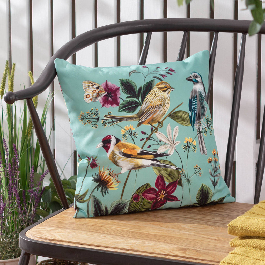 Midnight Garden Birds Outdoor Cushion Aqua (43 x 43 cm)