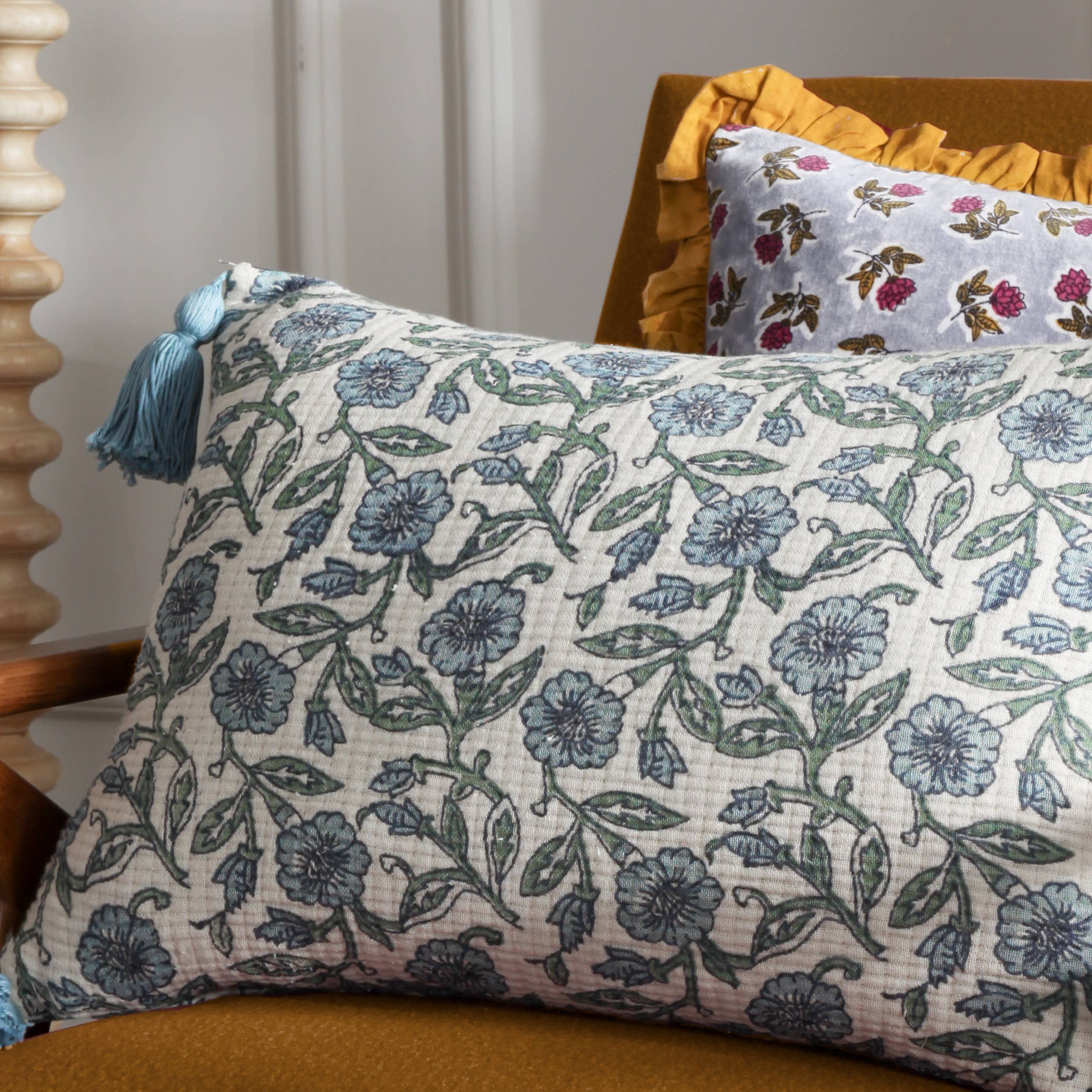 Delphine Floral Tasselled Cushion Delph Blue (40 x 60 cm)