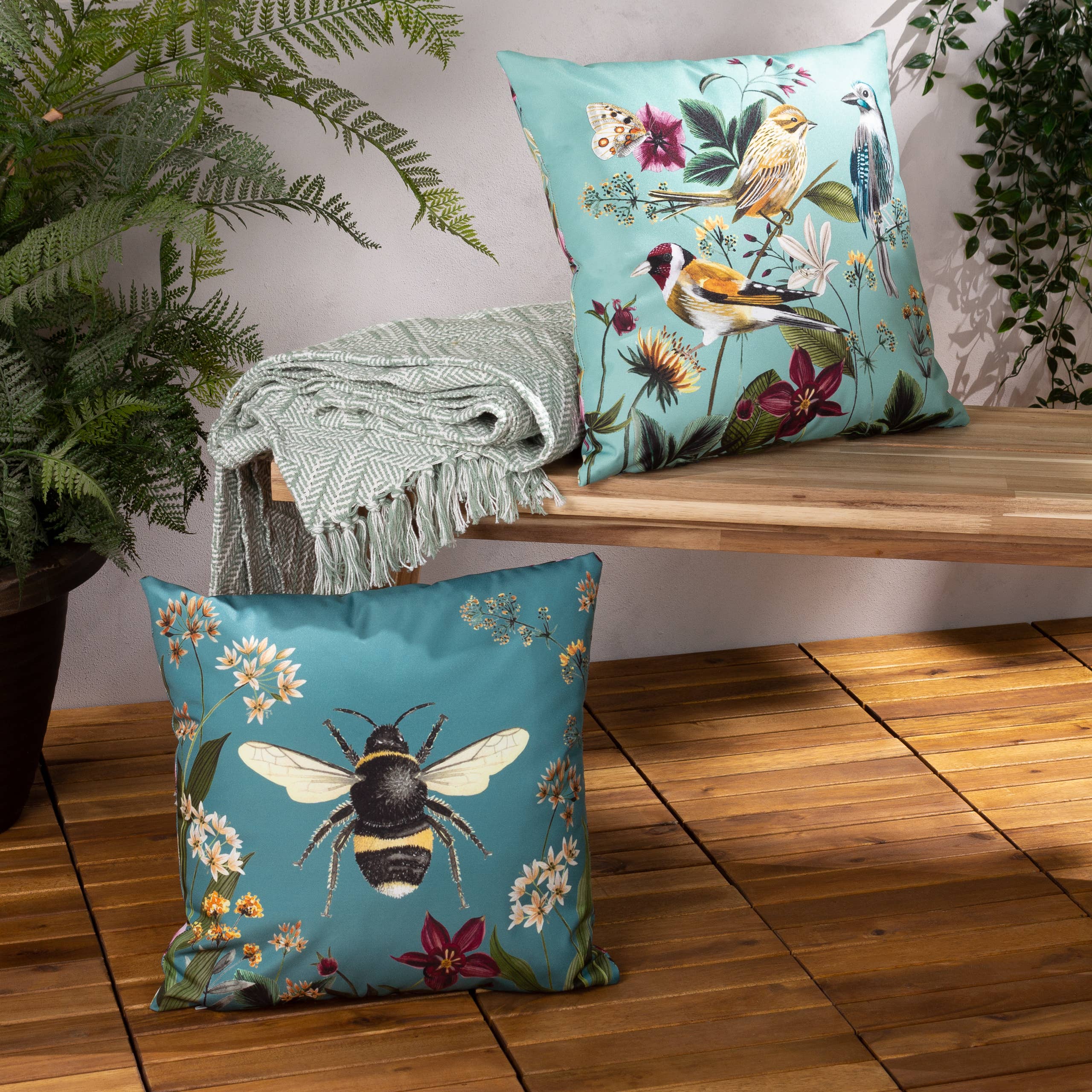 Midnight Garden Birds Outdoor Cushion Aqua (43 x 43 cm)
