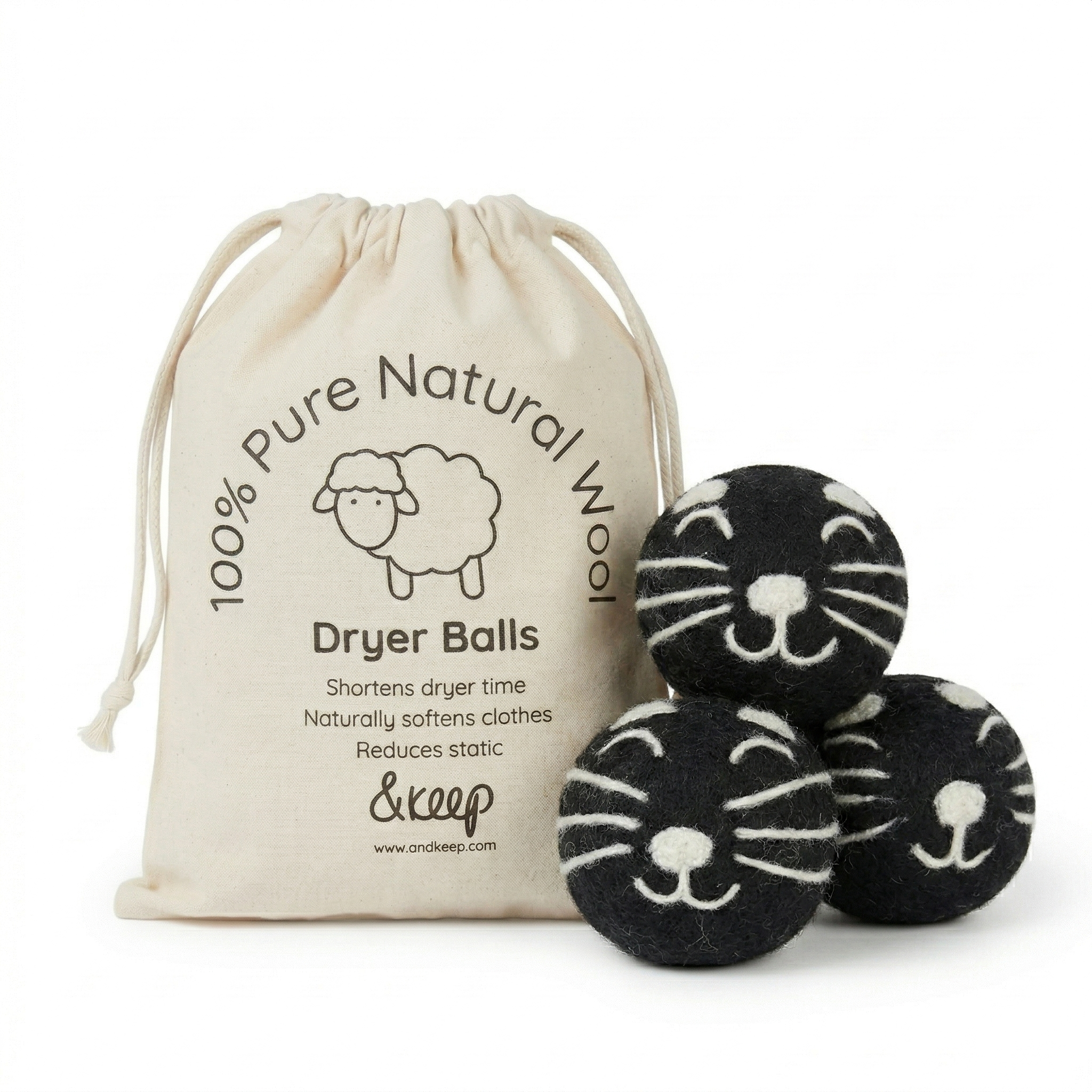 &Keep Wool Dryer Balls (Cat - Set of 3 & Bag)