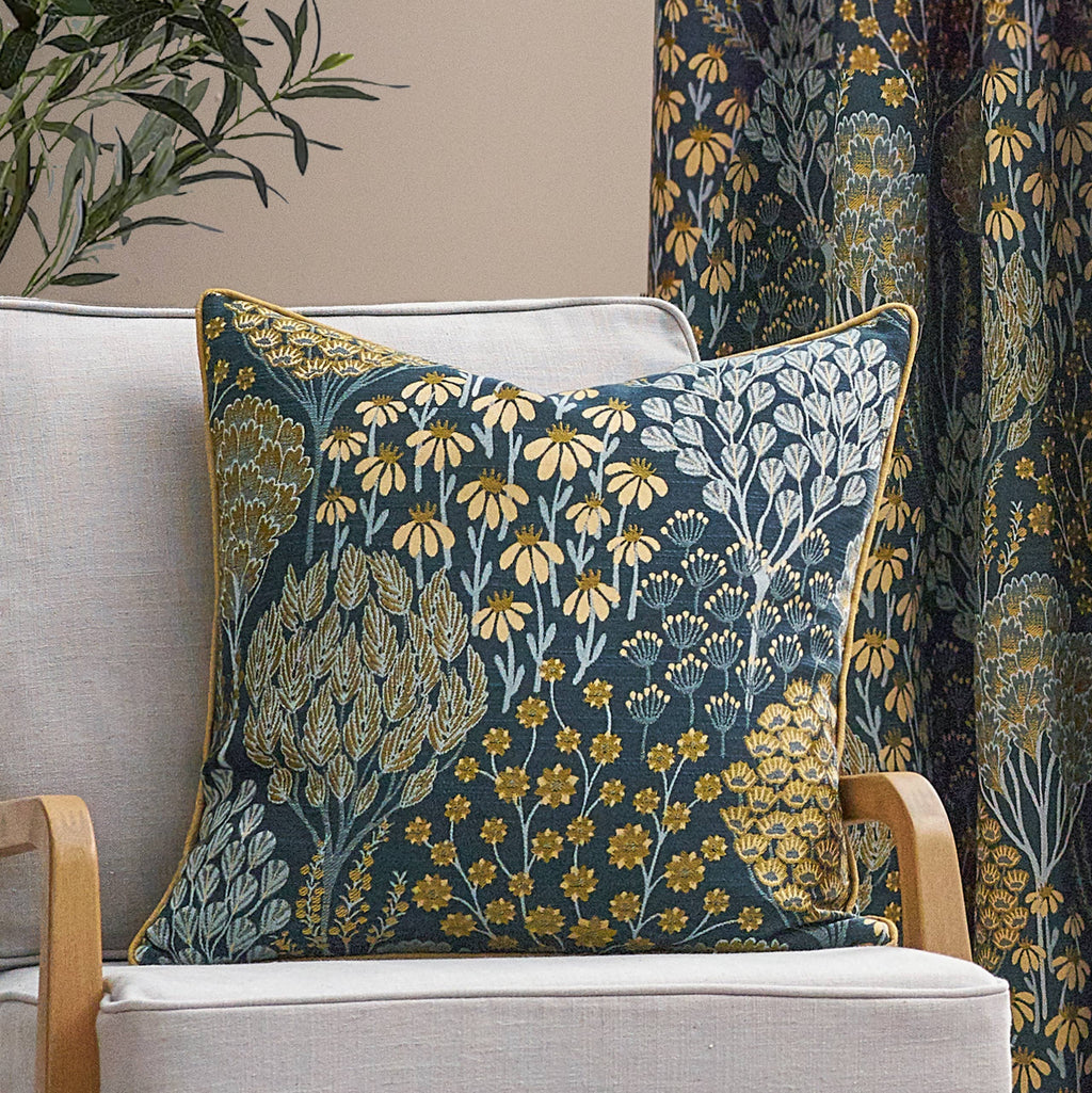 Ophelia Floral Jacquard Cushion Blue/Saffron (50 x 50 cm)