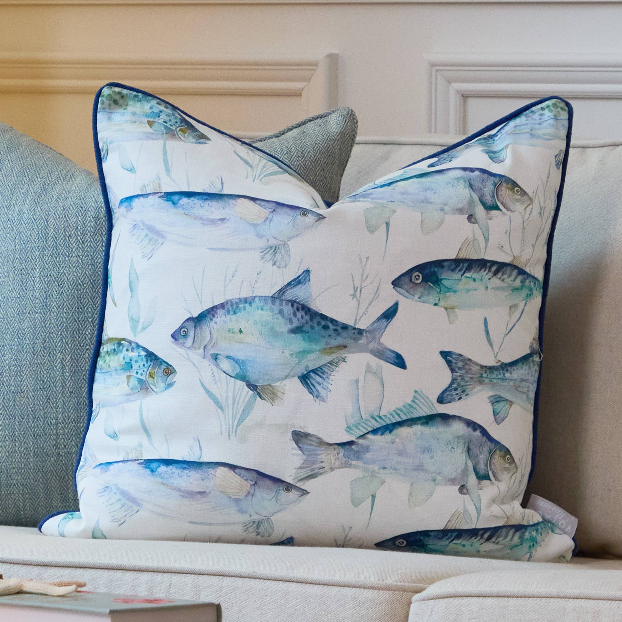 Ives Waters Printed Piped Cushion Cobalt (50 x 50 cm) (Feather Filled)