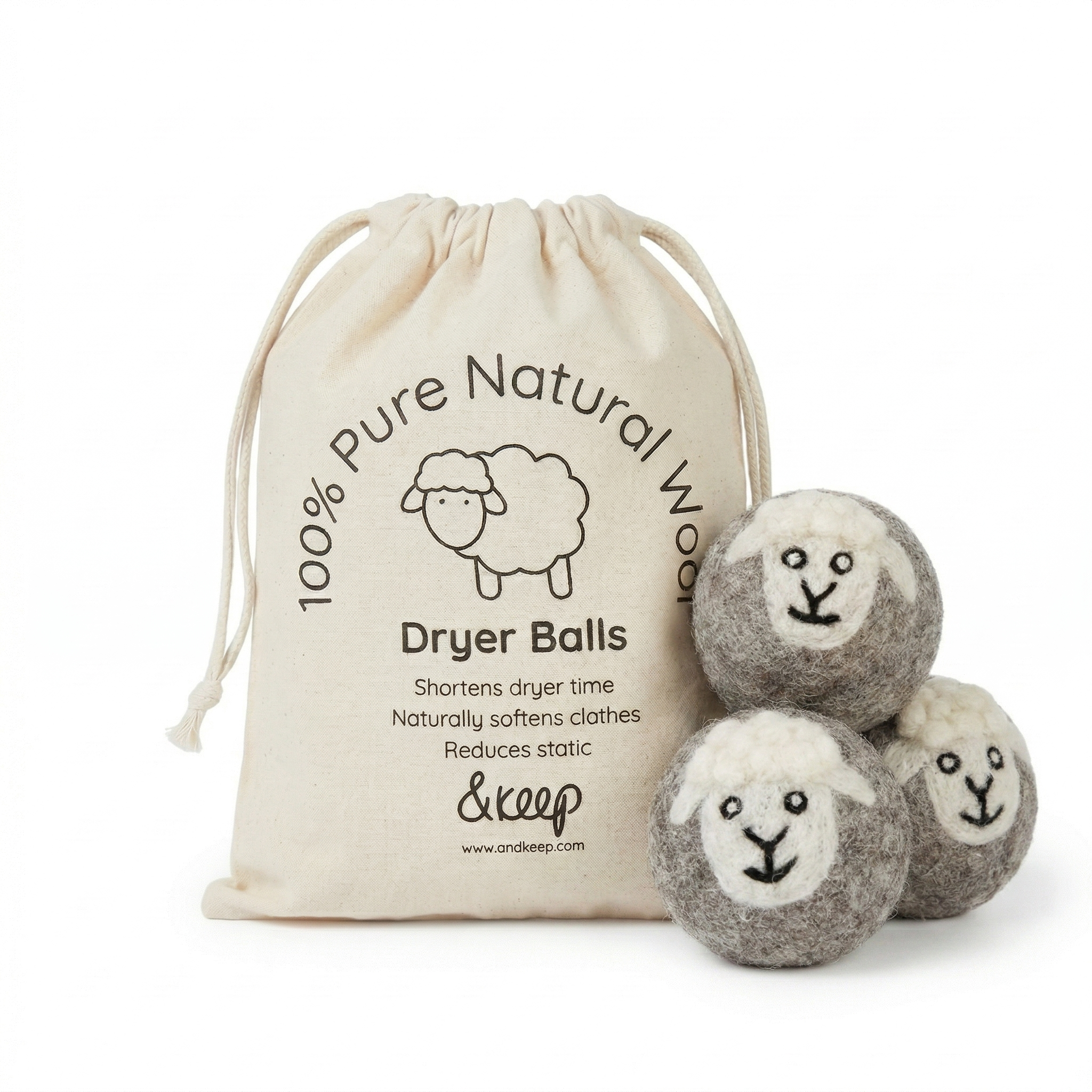 &Keep Wool Dryer Balls (Sheep - Set of 3 & Bag)