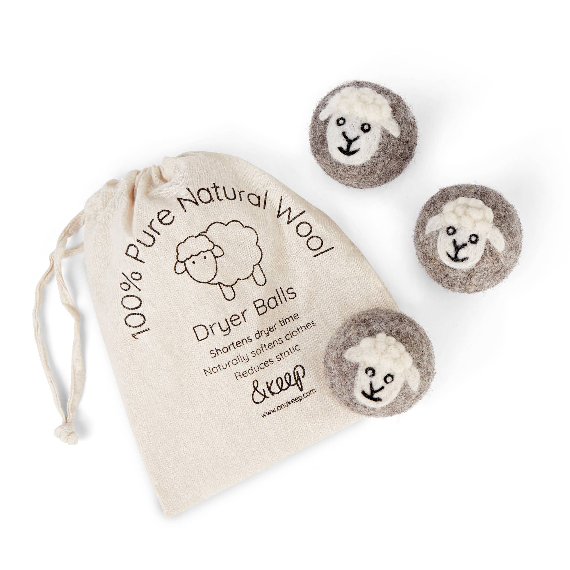 &Keep Wool Dryer Balls (Sheep - Set of 3 & Bag)