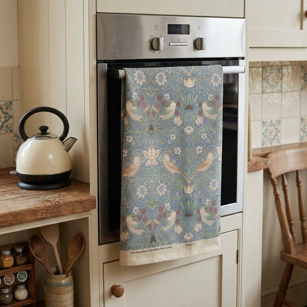 William Morris Strawberry Thief Blue Cotton Tea Towel