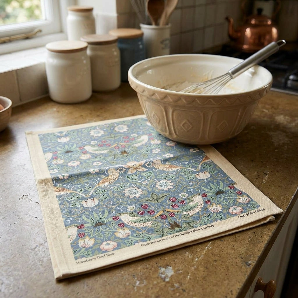William Morris Strawberry Thief Blue Cotton Tea Towel